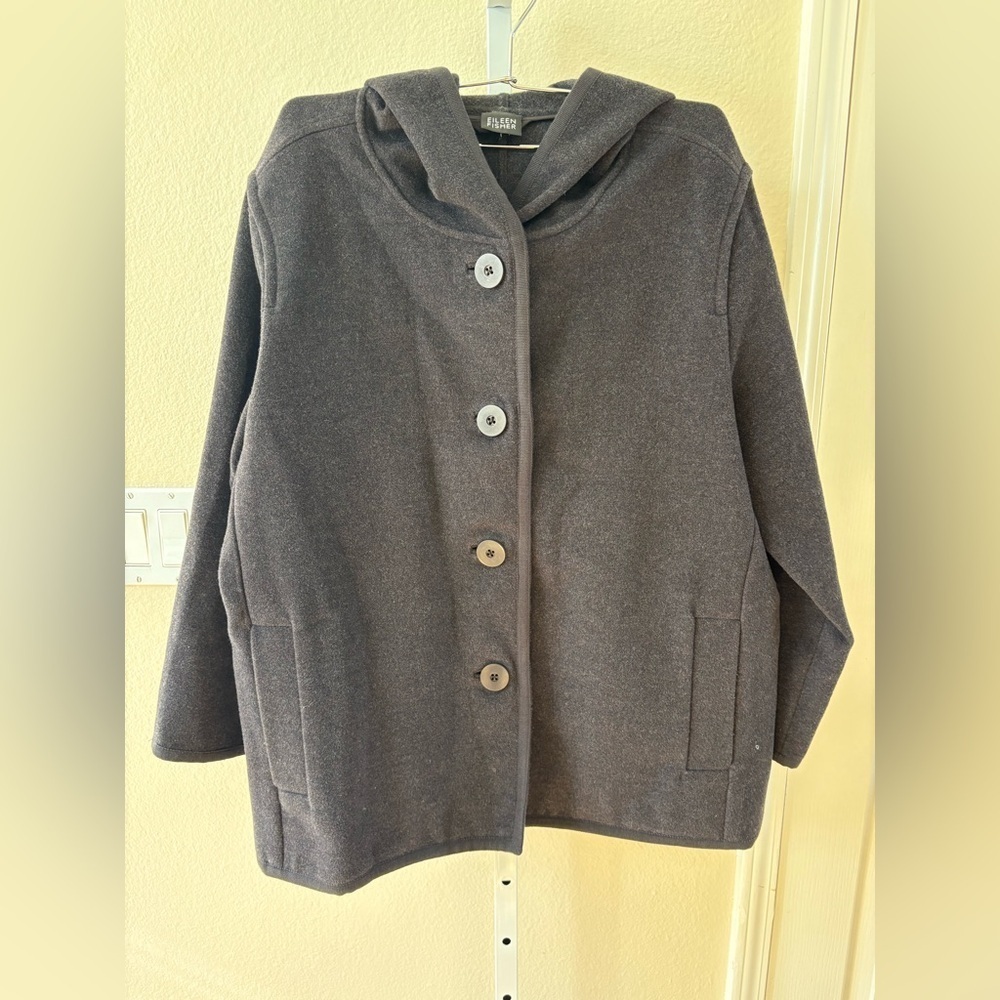 Eileen Fisher Hooded Button-down Coat in Charcoal - Size XL